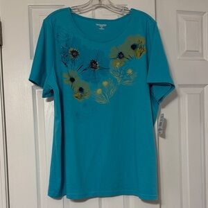 Breckenridge Teal Floral Embroidered Woman’s Tee. Size 2X